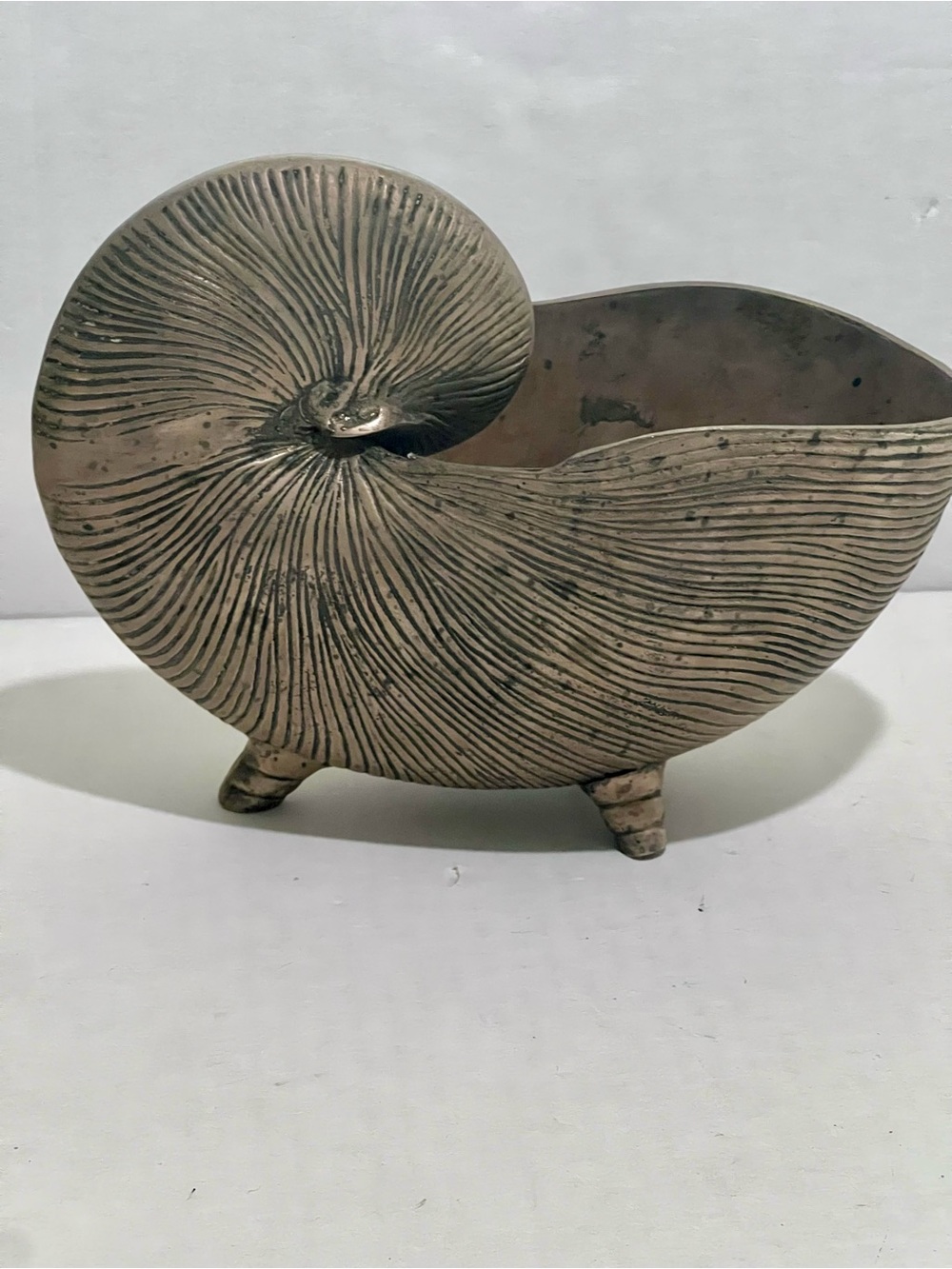 Vintage Metal Nautilus Shell Planter: Silver Patina Coastal Decor 9x7.5